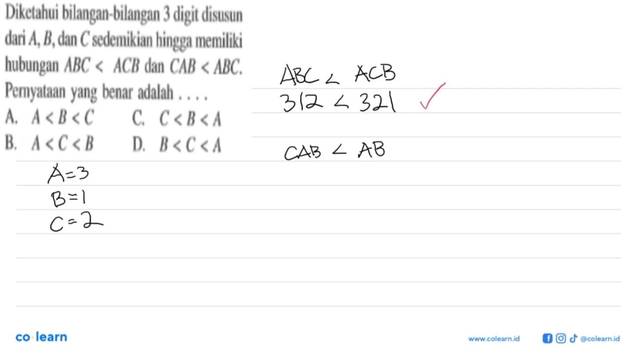 Diketahui bilangan-bilangan 3 digit disusun dari A, B, dan