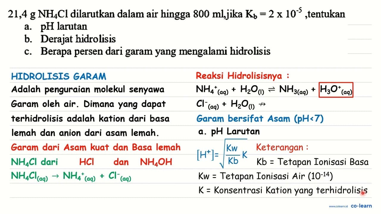 21,4 ~g NH_(4) Cl dilarutkan dalam air hingga 800 ml, jika