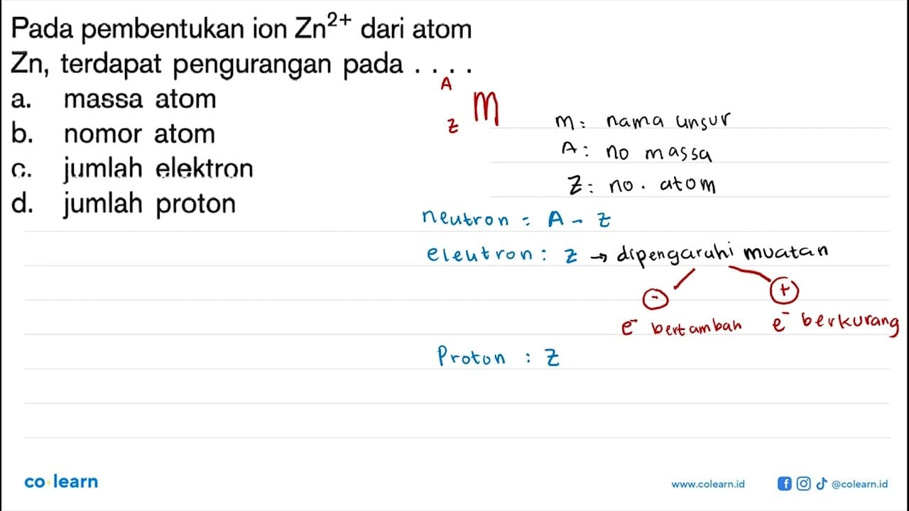 Pada pembentukan ion Zn^(2+) dari atom Zn, terdapat