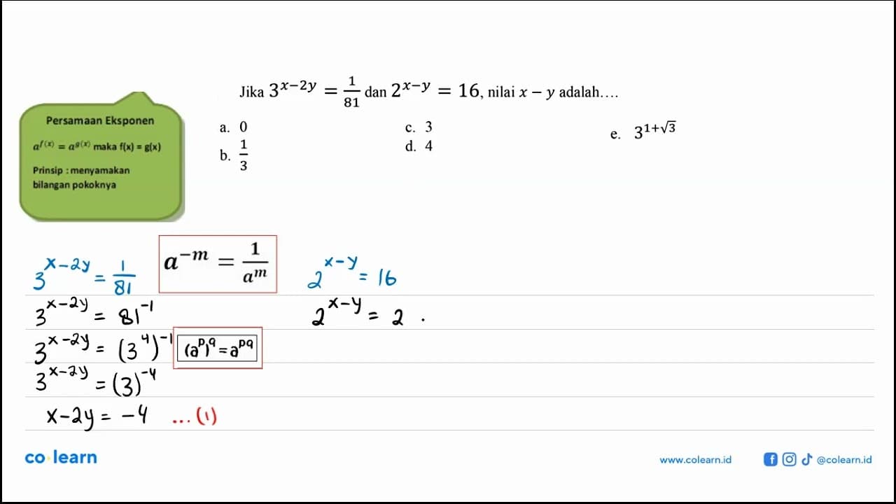 Jika 3^(x-2y) = 1/81 dan 2^(x-y) = 16, nilai x - y adalah