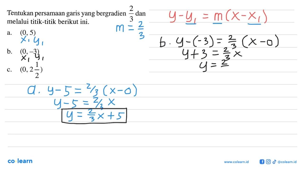 Tentukan persamaan garis yang bergradien 2/3 dan melalui