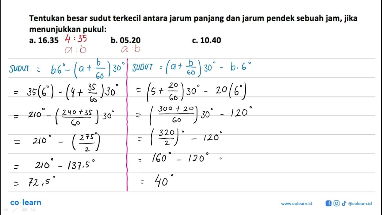 Tentukan besar sudut terkecil antara jarum panjang dan