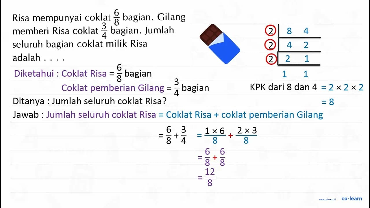 Risa mempunyai coklat 6/8 bagian. Gilang memberi Risa