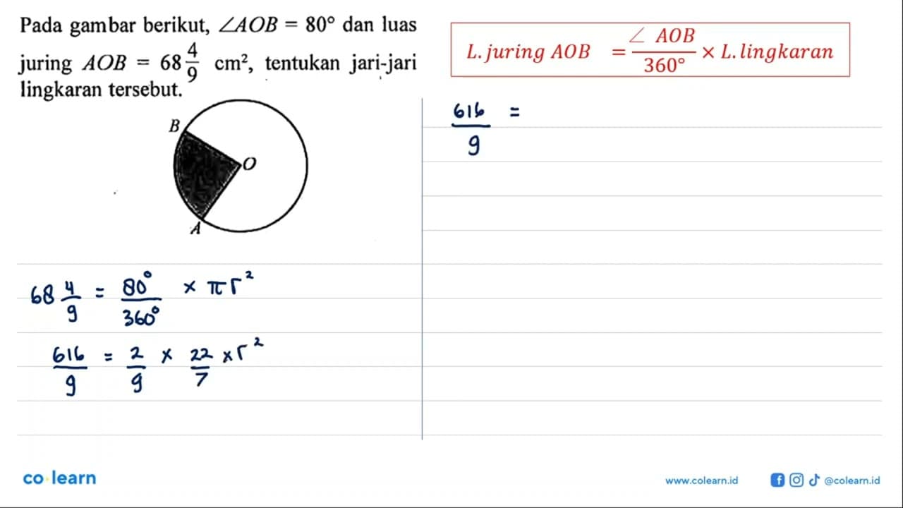 Pada gambar berikut, sudut AOB=80 dan luas juring AOB=68