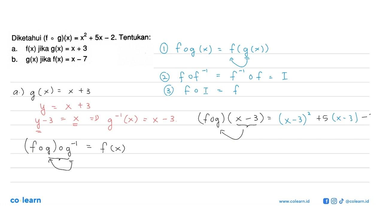 Diketahui (fog)(x)=x^2+5x-2 . Tentukan:a. f(x) jika