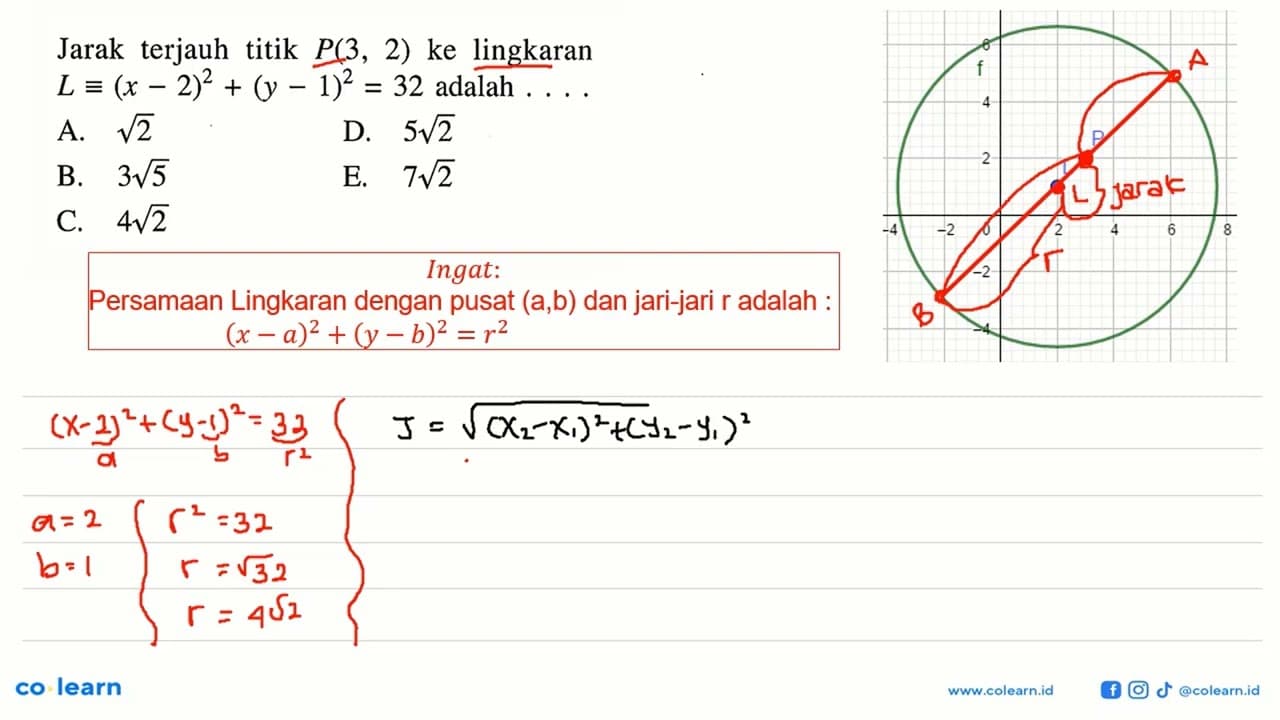 Jarak terjauh titik P(3,2) ke lingkaran L