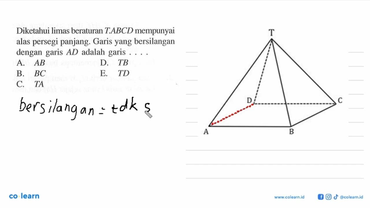 Diketahui limas beraturan T.ABCD mempunyai alas persegi