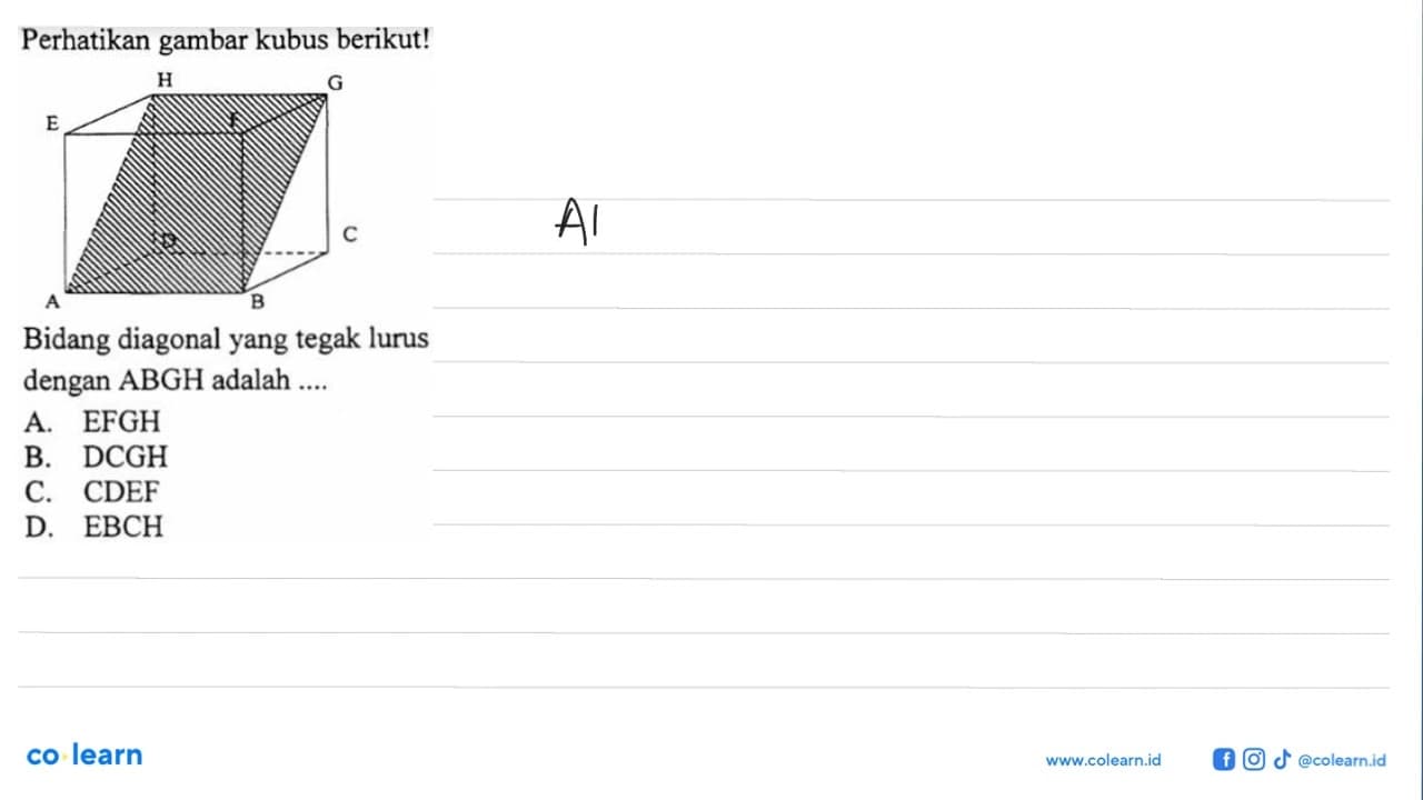 Perhatikan gambar kubus berikut!Bidang diagonal yang tegak