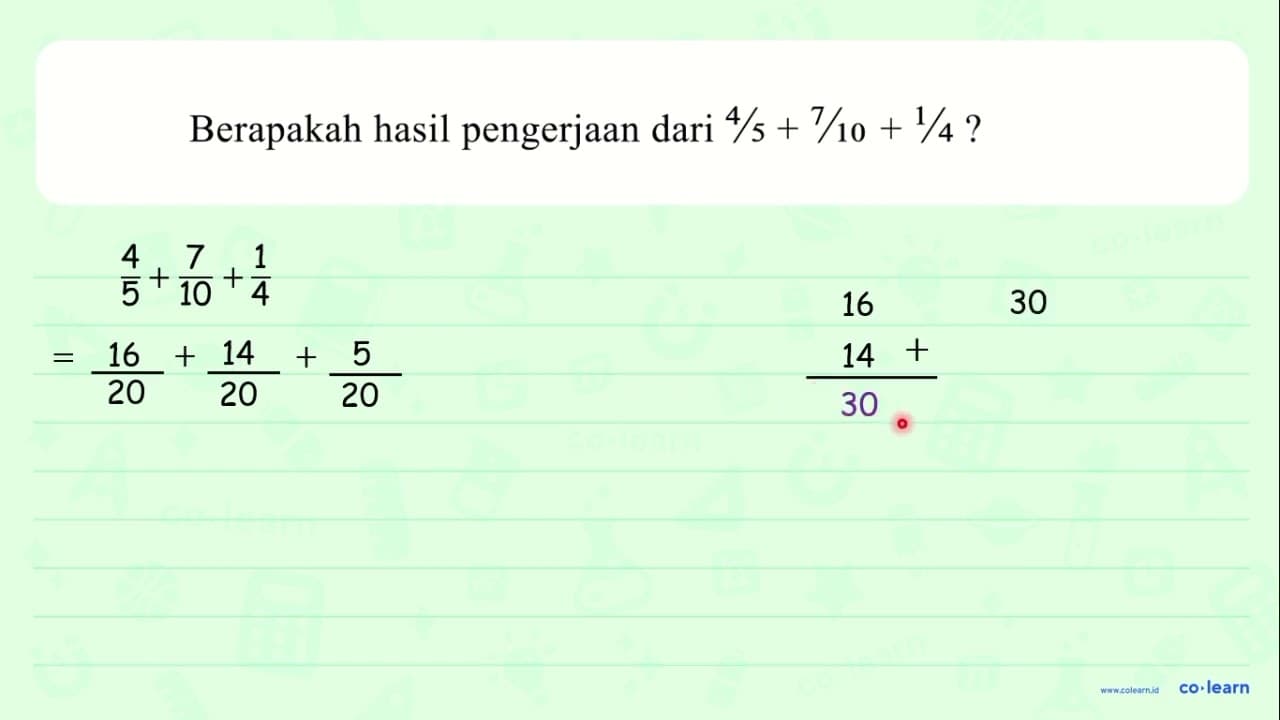 Berapakah hasil pengerjaan dari 4 / 5+7 / 10+1 / 4 ?