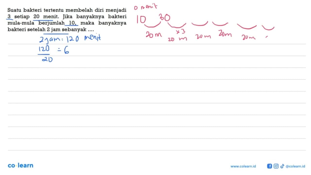 Suatu bakteri tertentu membelah diri menjadi 3 setiap 20