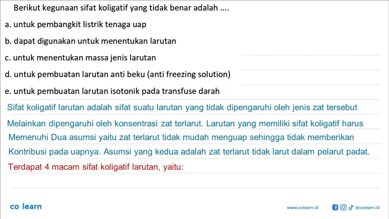 Berikut kegunaan sifat koligatif yang tidak benar adalah