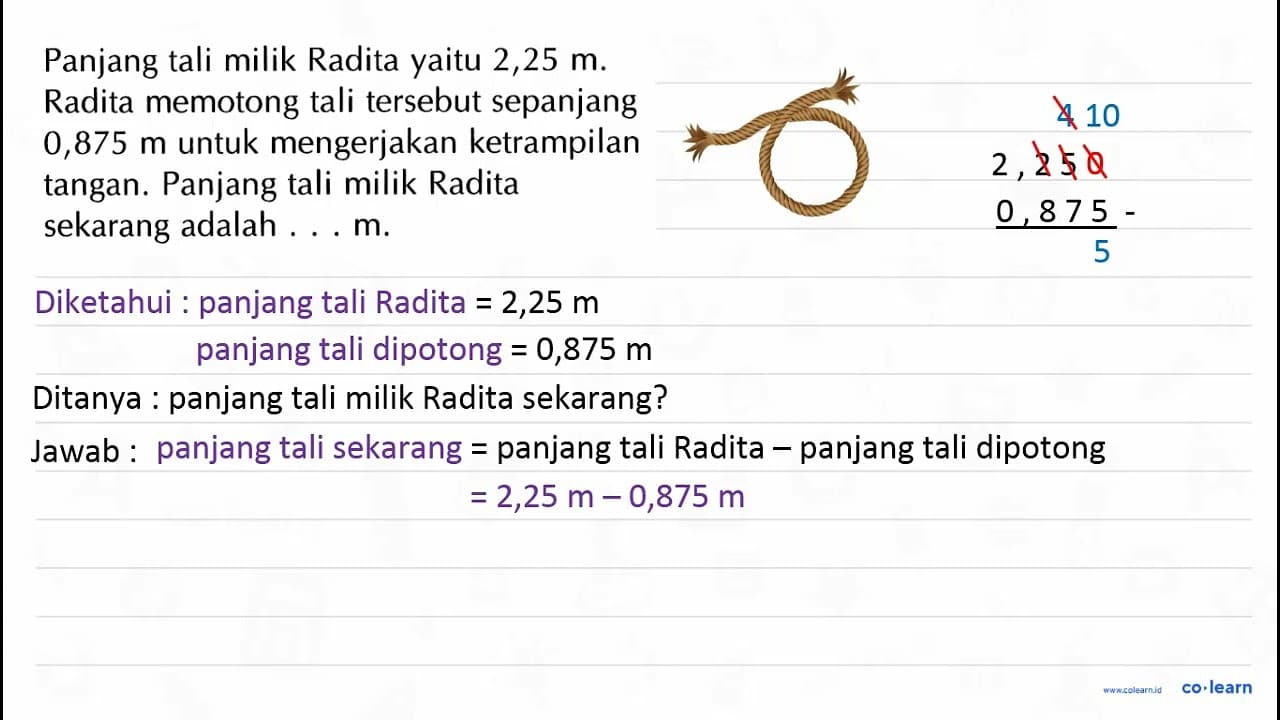 Panjang tali milik Radita yaitu 2,25 m. Radita memotong