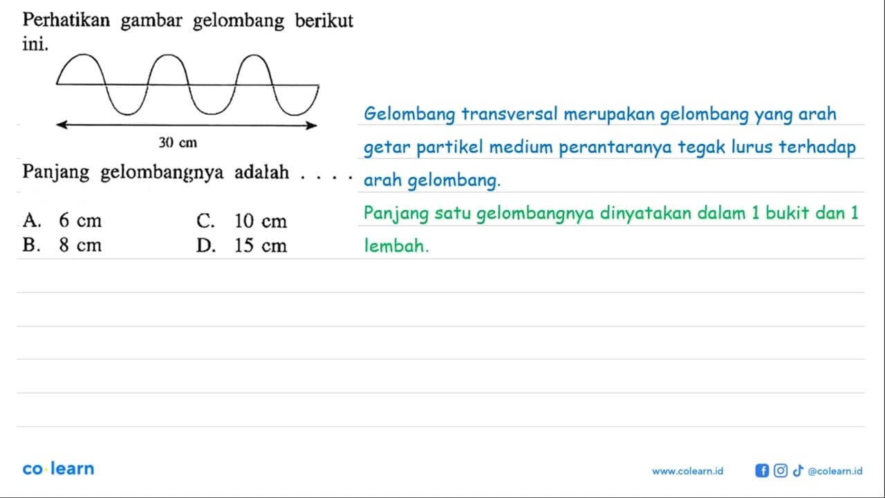 Perhatikan gambar gelombang berikut ini.30 cm Panjang