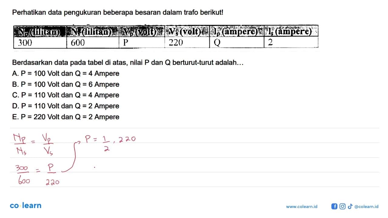 Perhatikan data pengukuran beberapa besaran dalam trafo