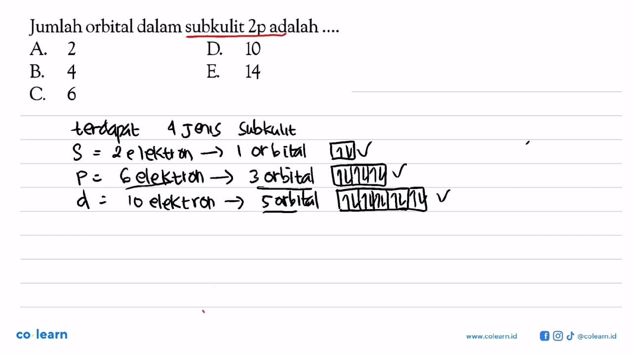 Jumlah orbital dalam subkulit 2p adalah....