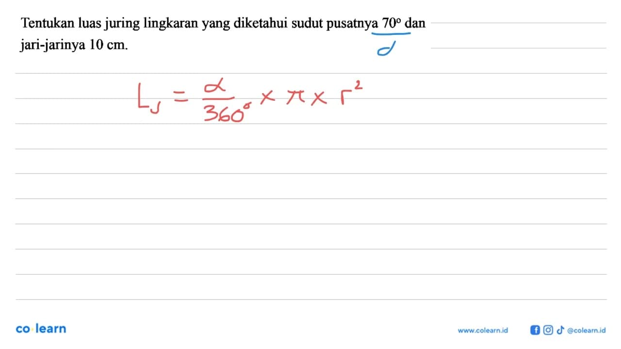 Tentukan luas juring lingkaranyang diketahui sudut pusatnya