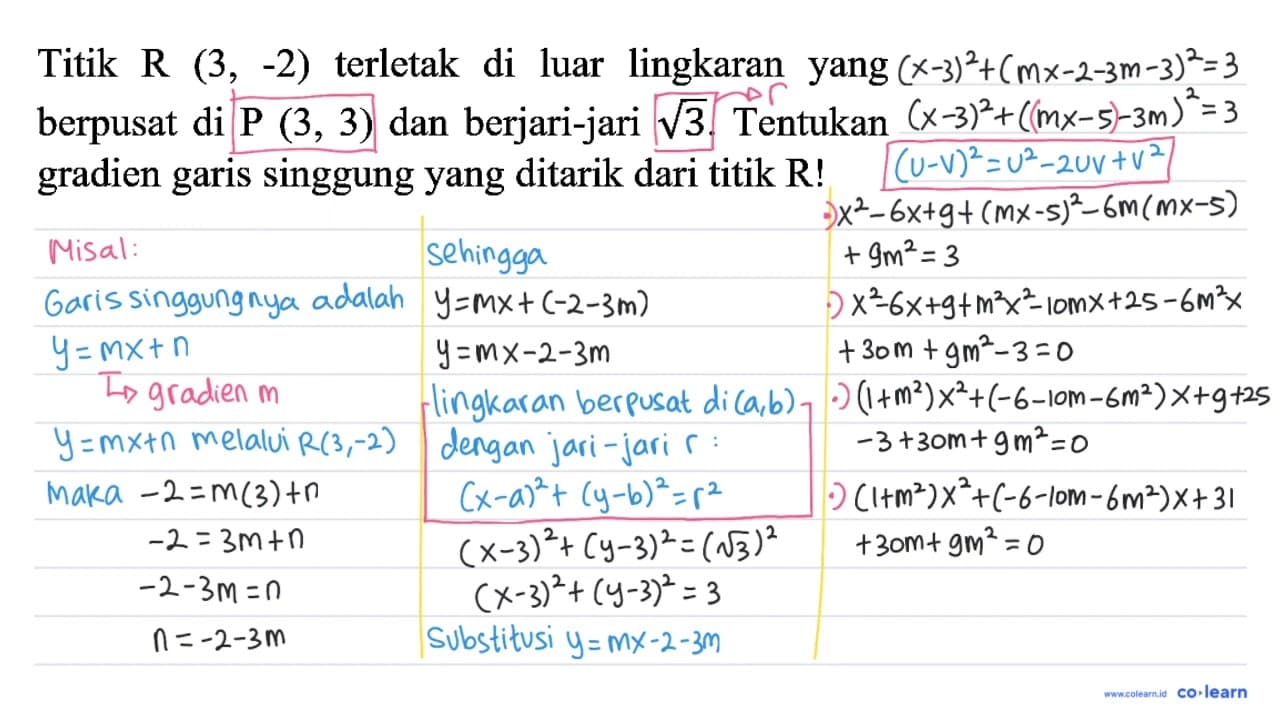 Titik R (3,-2) terletak di luar lingkaran yang berpusat di