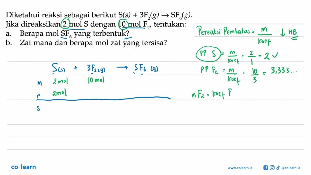 Diketahui reaksi sebagai berikut S(s) + 3F2(g) ->