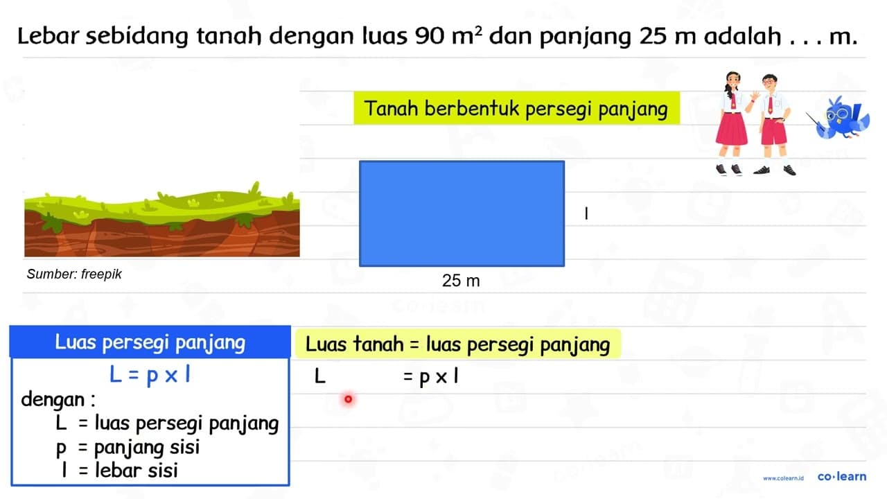 Lebar sebidang tanah dengan luas 90 m^(2) dan panjang 25 m