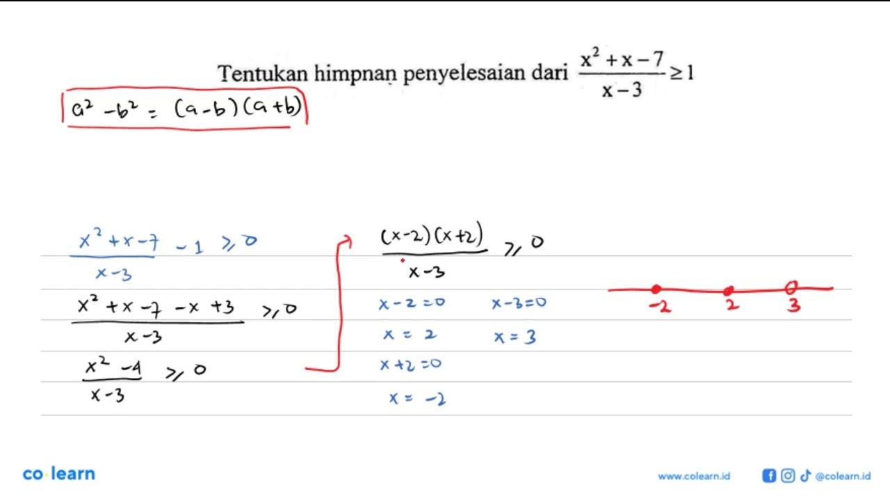 Tentukan himpnan penyelesaian dari (x^2+x-7)/(x-3)>=1