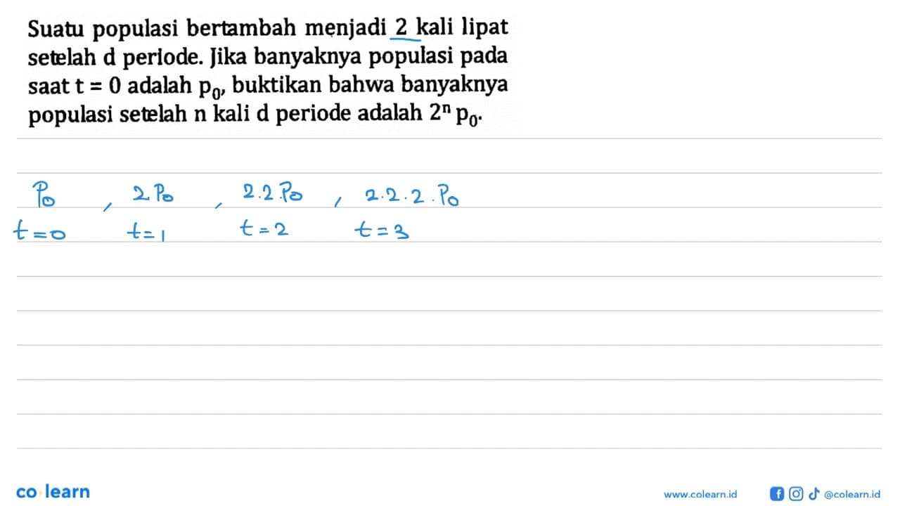 Suatu populasi bertambah menjadi 2 kali lipat setelah d