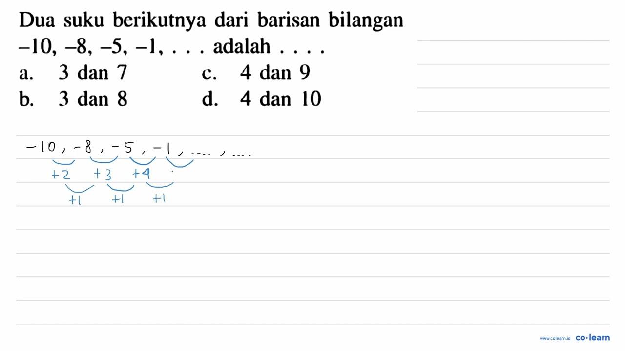 Dua suku berikutnya dari barisan bilangan -10,-8,-5,-1, ...