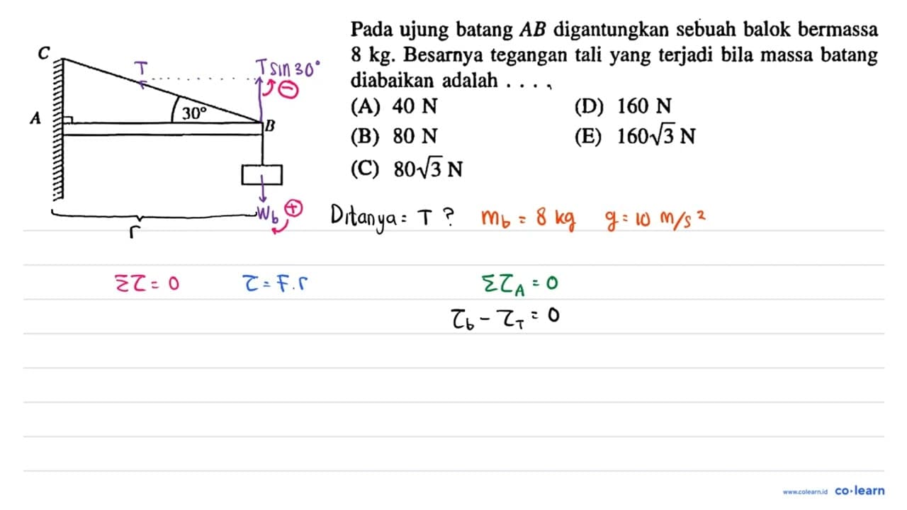 C A 30 B Pada ujung batang AB digantungkan sebuah balok