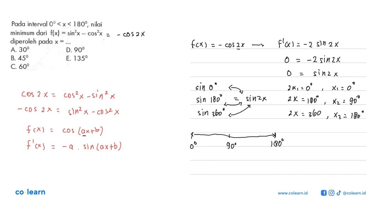 Pada interval 0< x < 180, nilai minimum dari f(x)=sin^2