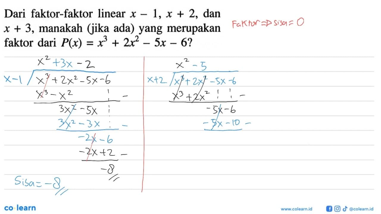 Dari faktor-faktor linear x-1, x+2, dan x+3, manakah (jika