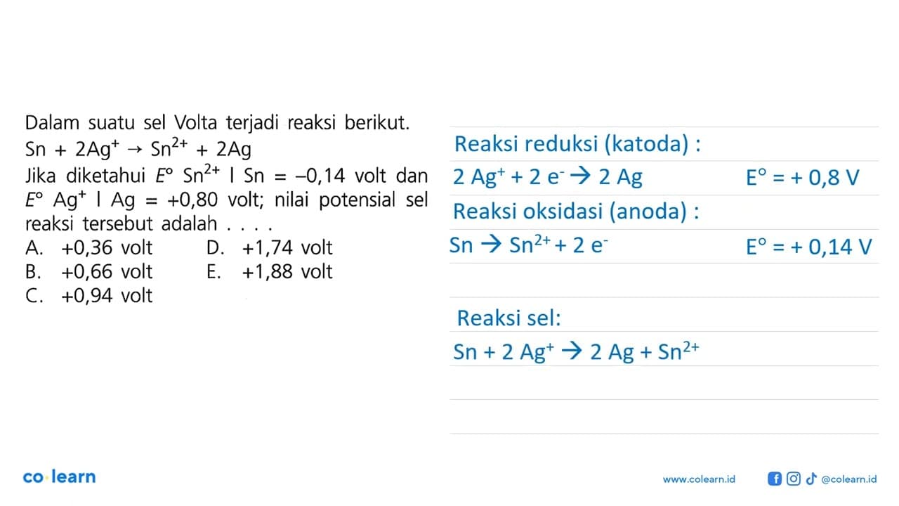 Dalam suatu sel Volta terjadi reaksi berikut. Sn + 2Ag^+ ->