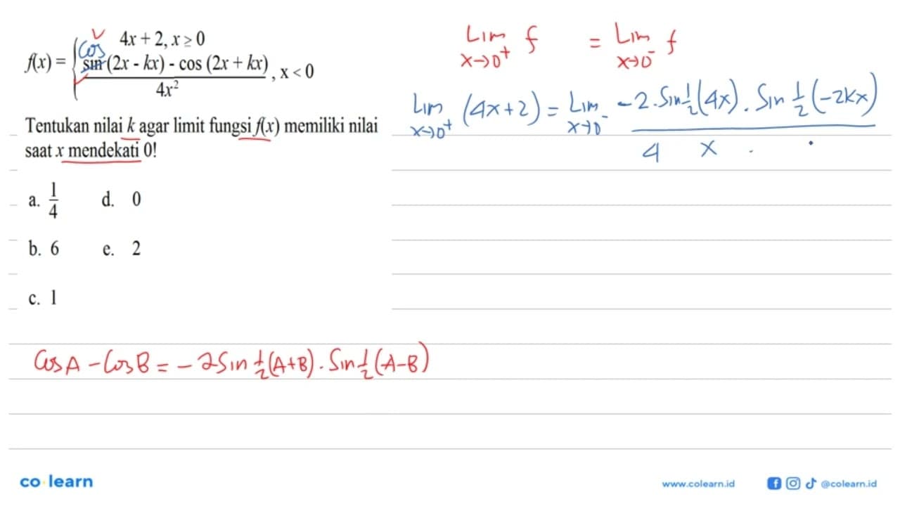 f(x)= 4x+2, x>=0 (sin(2x-kx)-cos(2x+kx))(4x^2), x<0