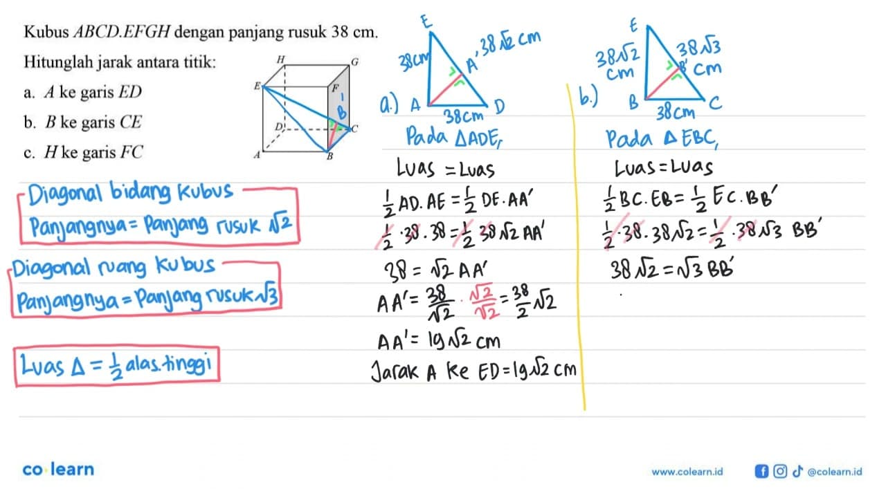 Kubus ABCD.EFGH dengan panjang rusuk 38 cm. Hitunglah jarak