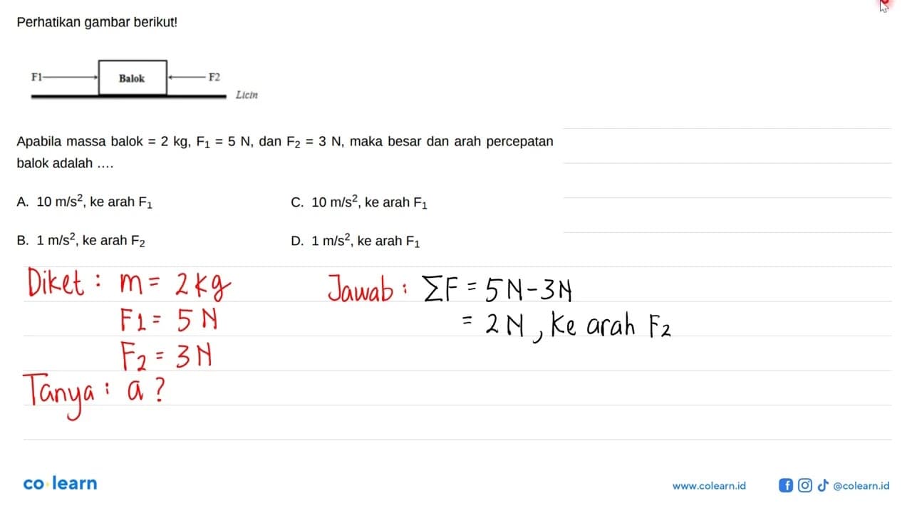 Perhatikan gambar berikut! Apabila massa balok=2 kg, F1=5 N