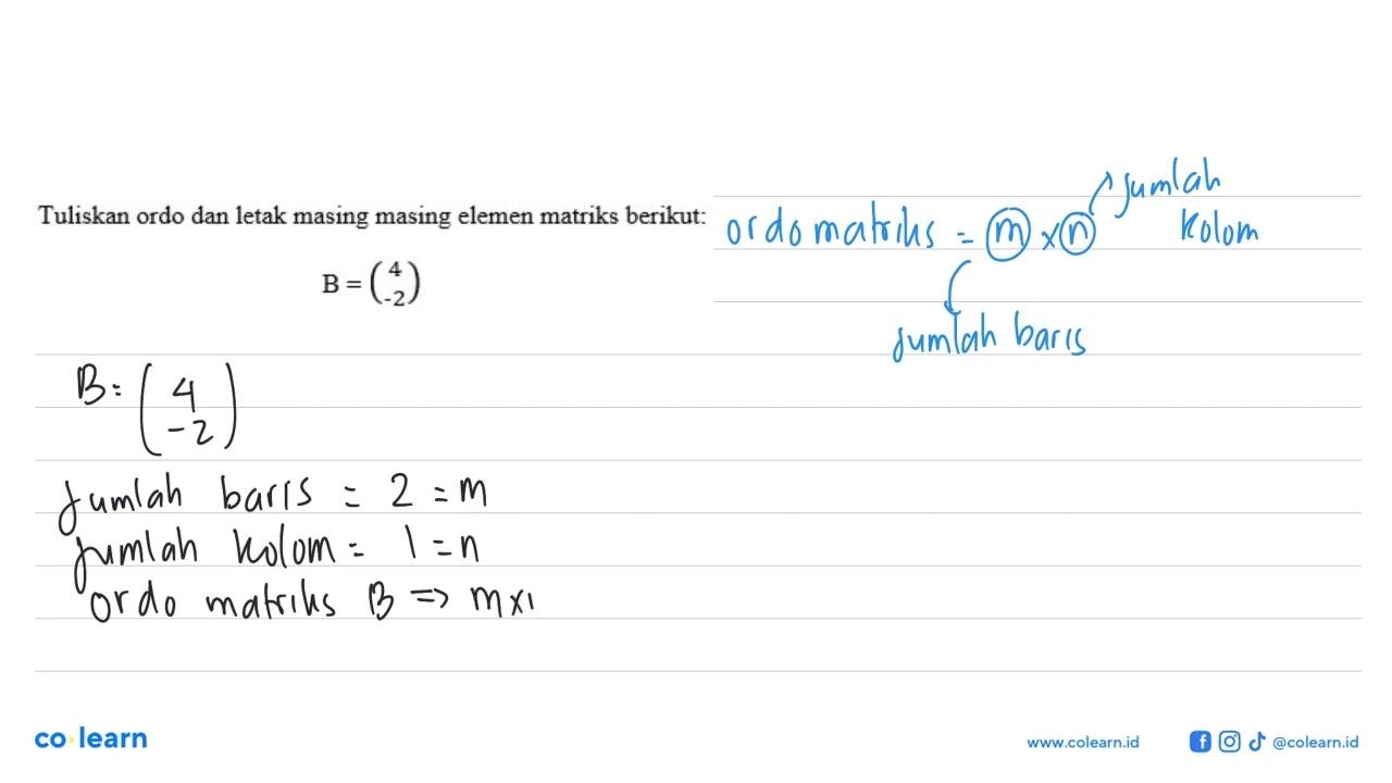 Tuliskan ordo dan letak elemen matriks berikut. B=(4 -2)