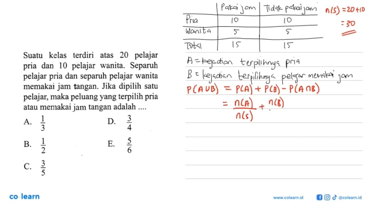 Suatu kelas terdiri atas 20 pelajar pria dan 10 pelajar