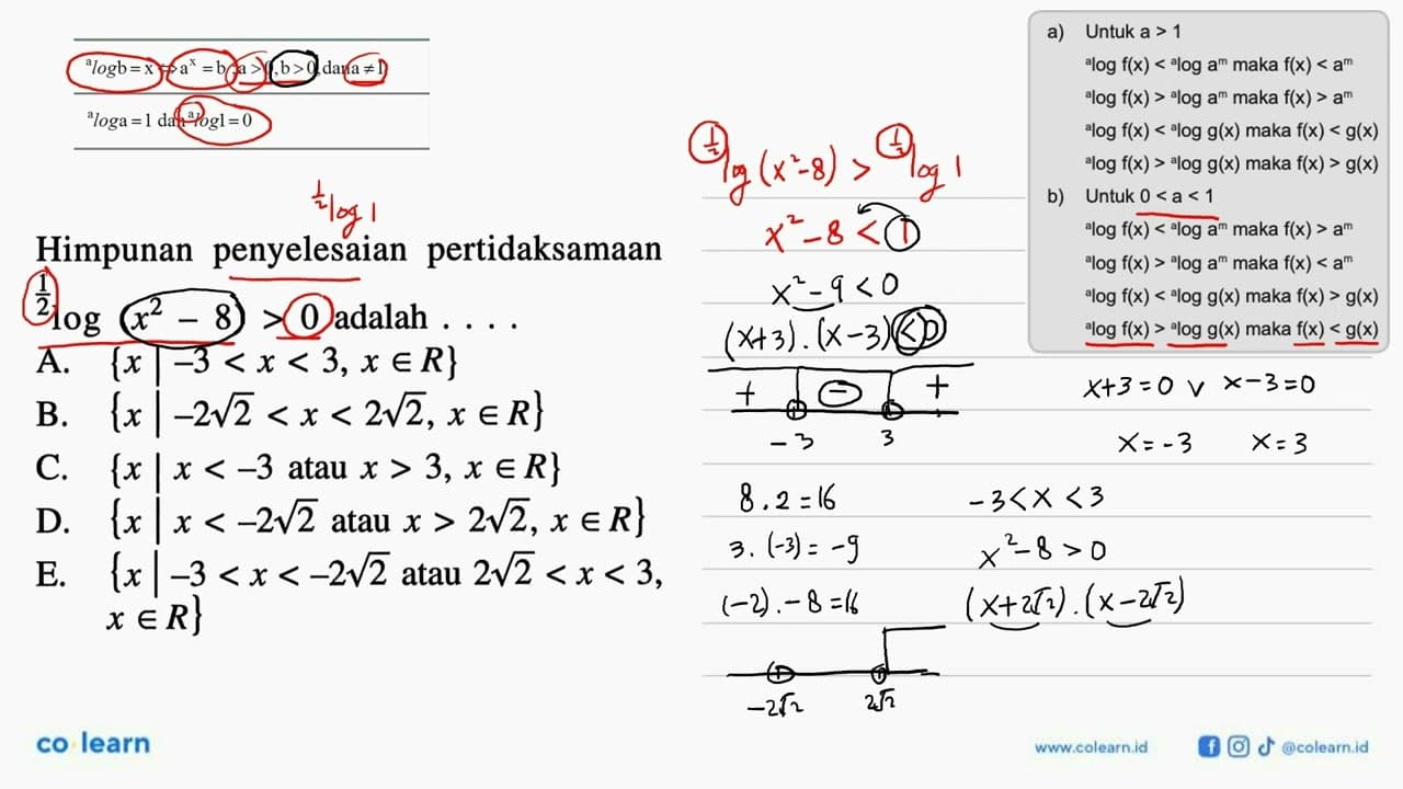 Himpunan penyelesaian pertidaksamaan (1/2)log(x^2-8)>0