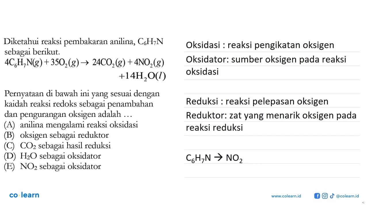 Diketahui reaksi pembakaran anilina, C6 H7 N sebagai