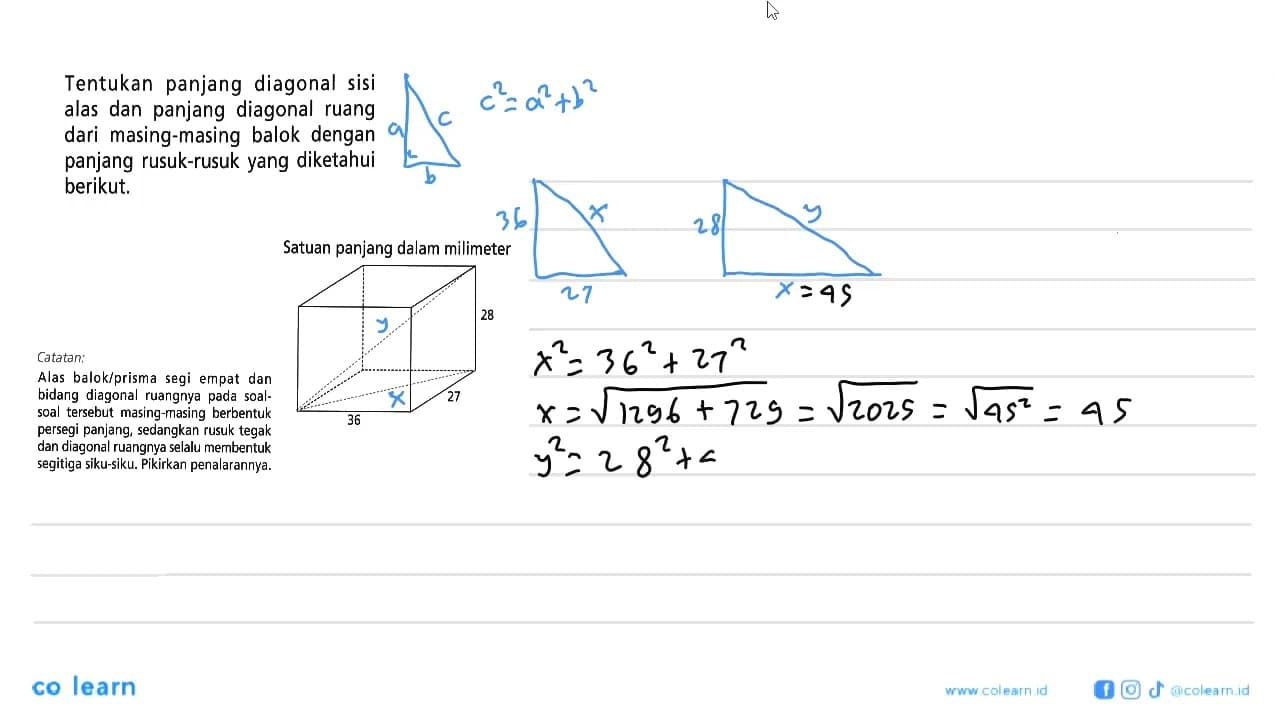 Tentukan panjang diagonal sisi alas dan panjang diagonal