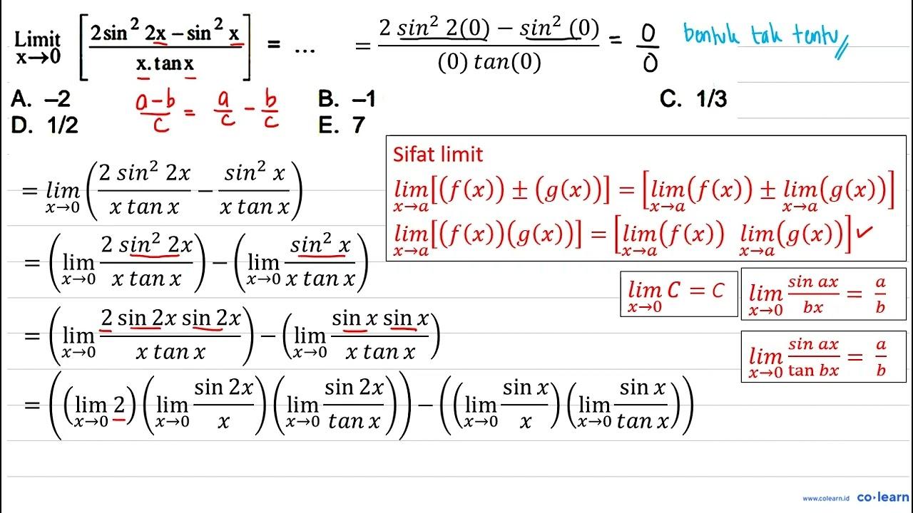 Limit_(x -> 0)[(2 sin ^(2) 2 x-sin ^(2) x)/(x . tan x)]=...