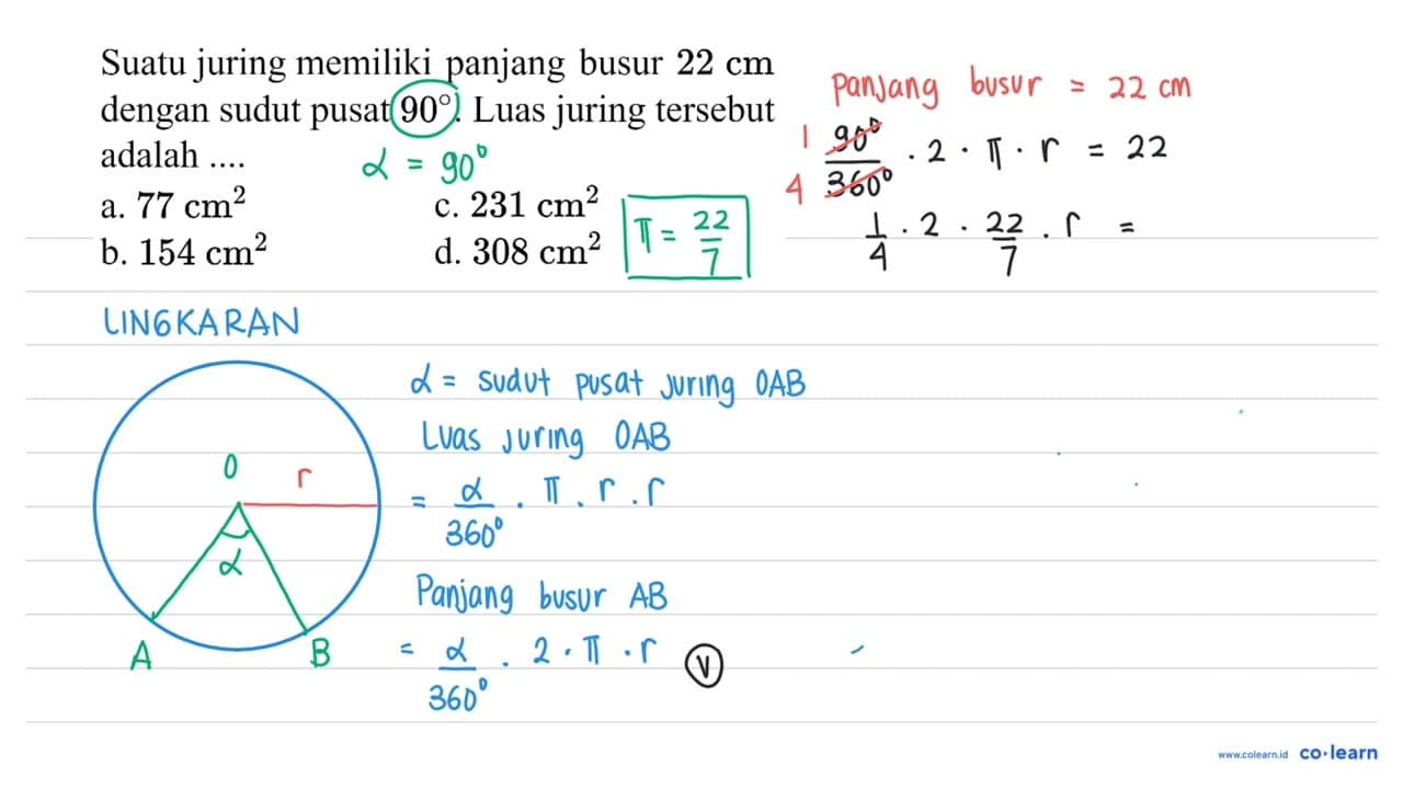 Suatu juring memiliki panjang busur 22 cm dengan sudut