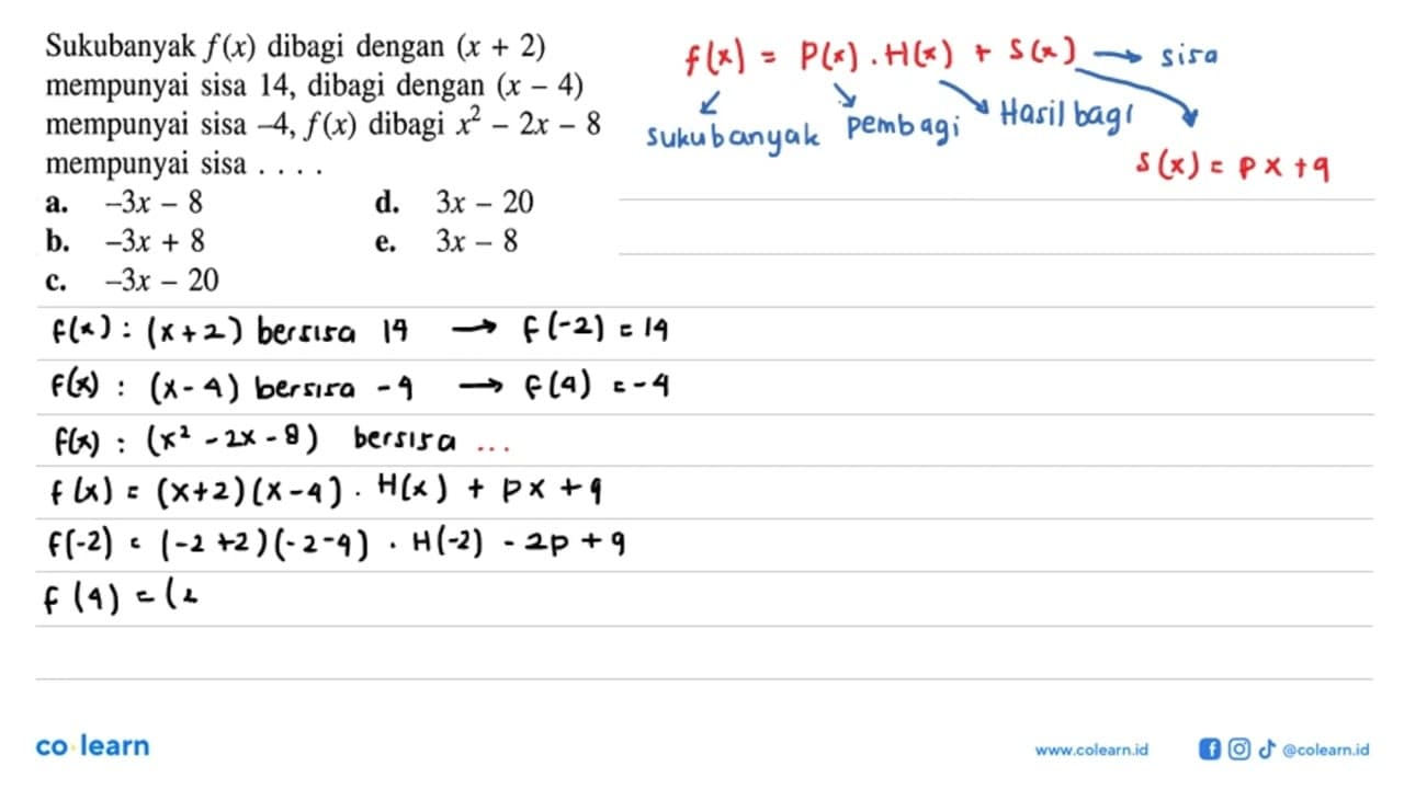 Sukubanyak f(x) dibagi dengan (x+2) mempunyai sisa 14,