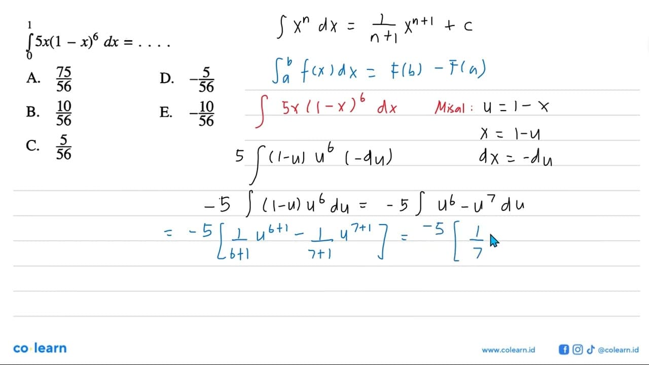 integral 0 1 5x(1-x)^6 dx= ....