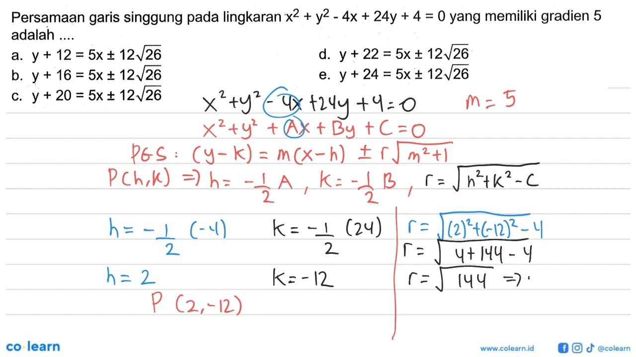 Persamaan garis singgung pada lingkaran x^2+y^2-4x+24y+4=0