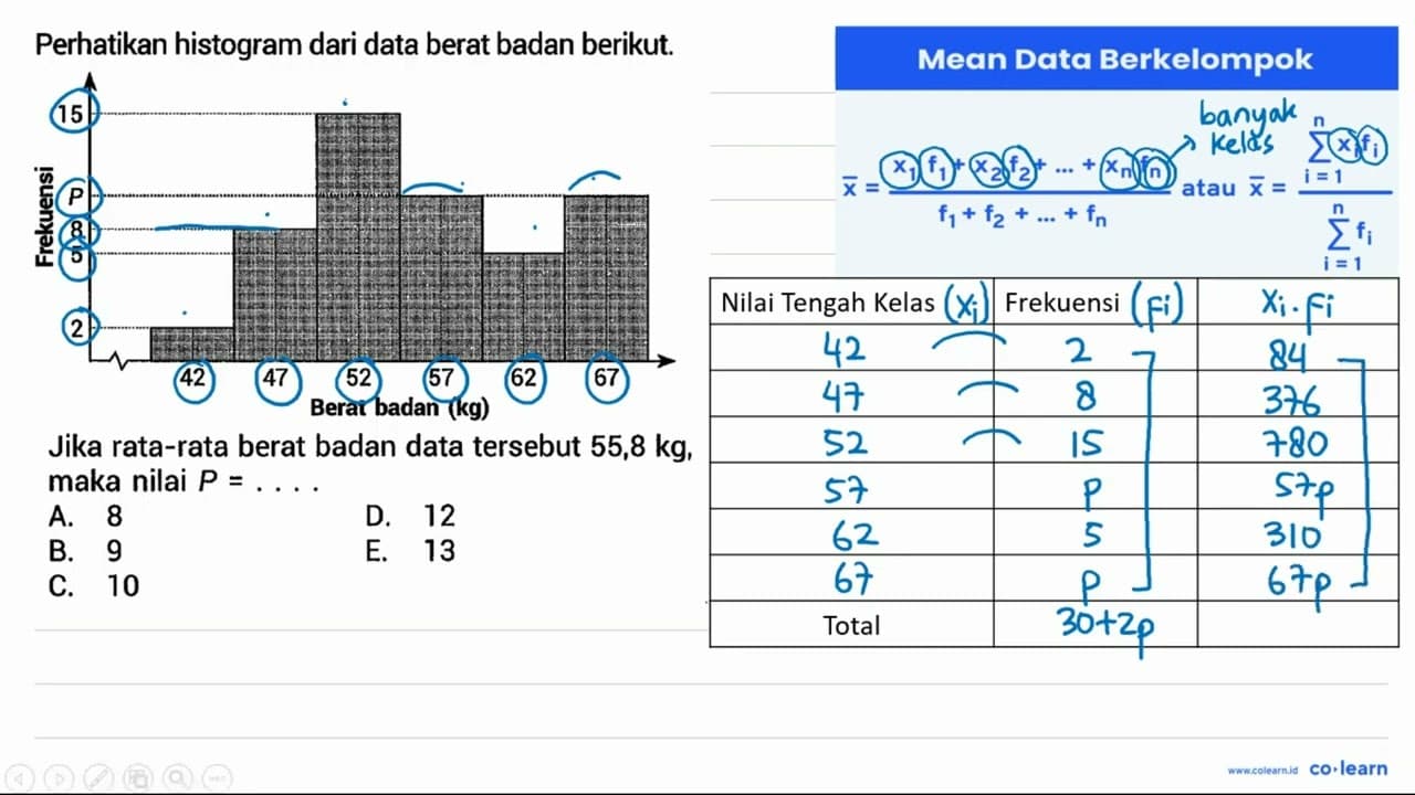 Perhatikan histogram dari data berat badan berikut. Jika