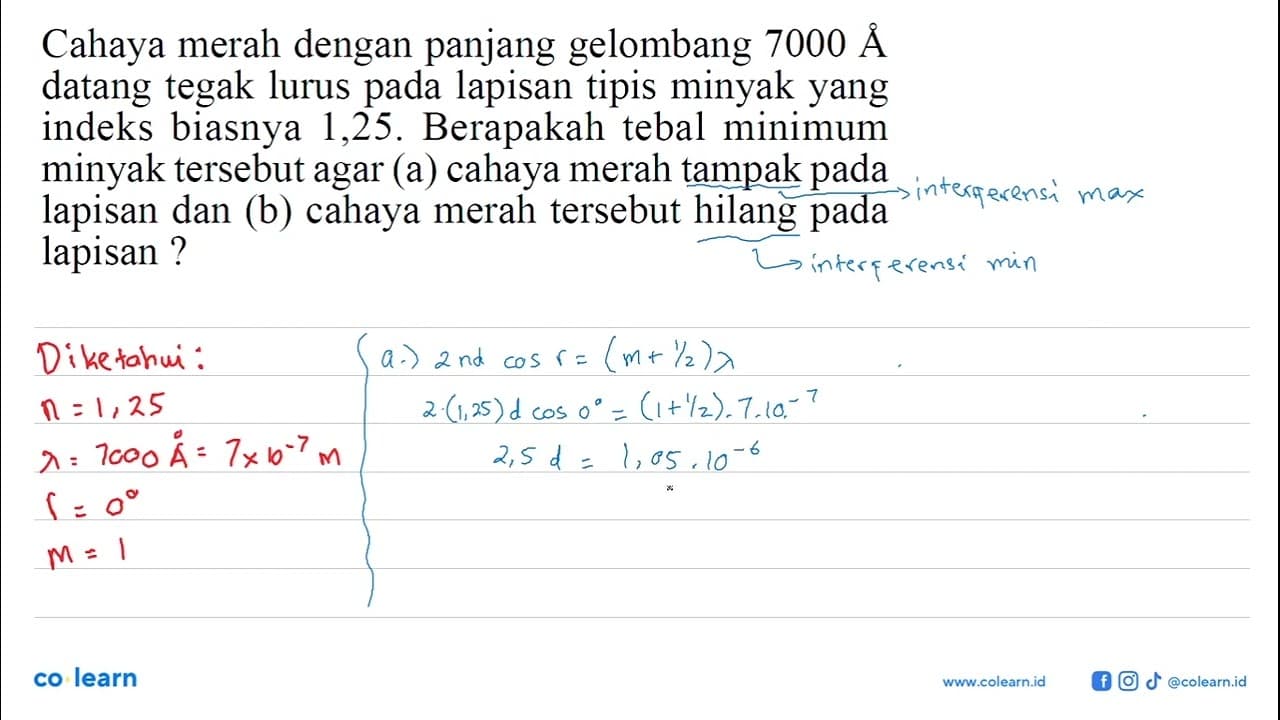 Cahaya merah dengan panjang gelombang 7000 AA datang tegak