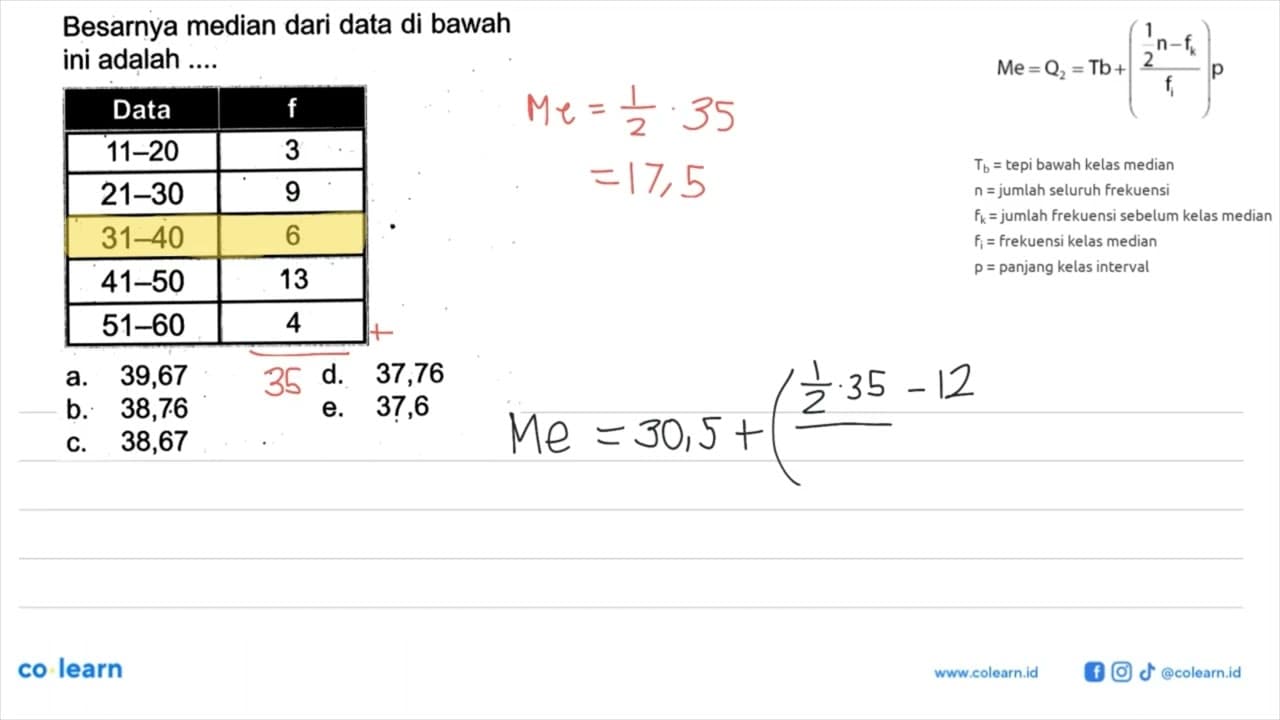 Besarnya median dari data di bawah ini adalah .... Data f