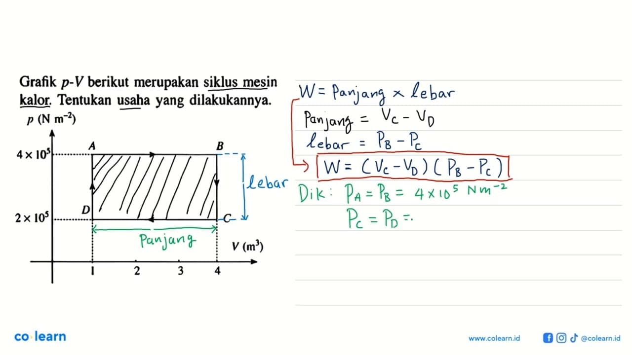 Grafik p-V berikut merupakan siklus mesin kalor. Tentukan