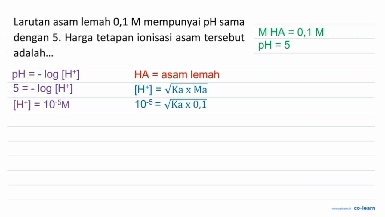 Larutan asam lemah 0,1 M mempunyai pH sama dengan 5. Harga