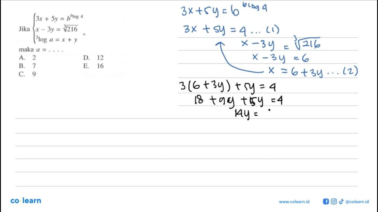 Jika 3x+5y=b^(blog4) x-3y=(216)^(1/3) 3loga=x+y maka a=. .