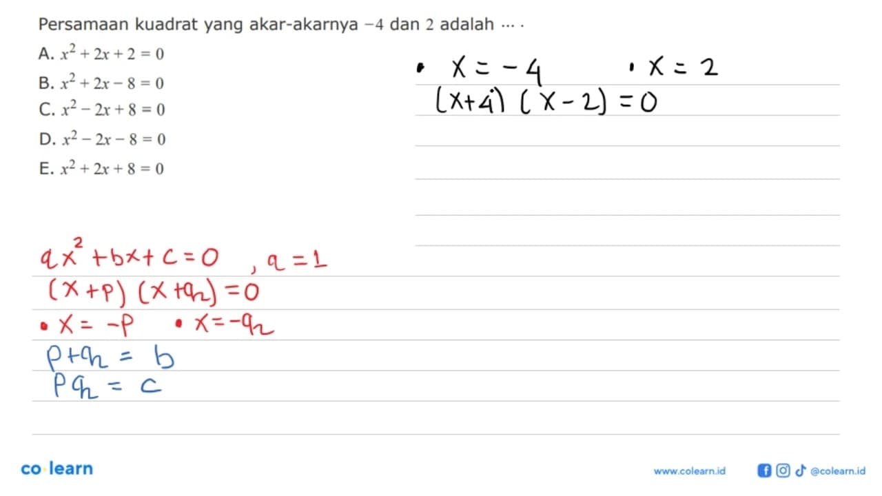 Persamaan kuadrat yang akar-akarnya -4 dan 2 adalah